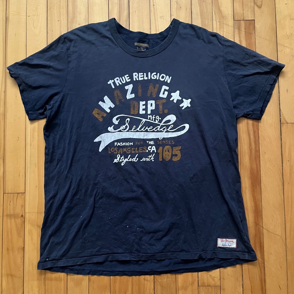 True Religion Mens XXXL Blue Graphic T-Shirt Distressed Selvedge Made in USA